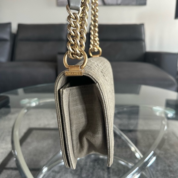 “SOLD” Authentic Chanel Boy Flap Quilted Olive Denim Bag - Picture 4 of 11